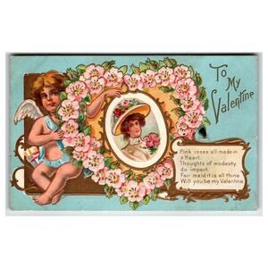Antique Cupid Valentine Postcard, Embossed Flowers, To My Valentine Poem